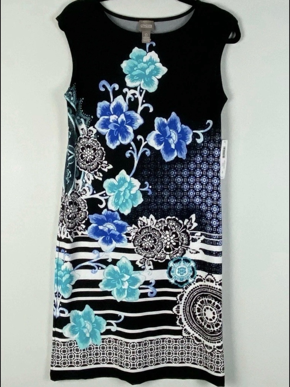 NWT Chico’s Black Blue Floral Iona Sleeveless Knee-Length Dress Sz 0 (4/6/Sm)
